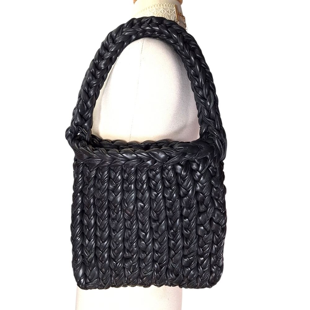 & Other Stories Braided Leather Tote Bag Black Woven Purse Boho